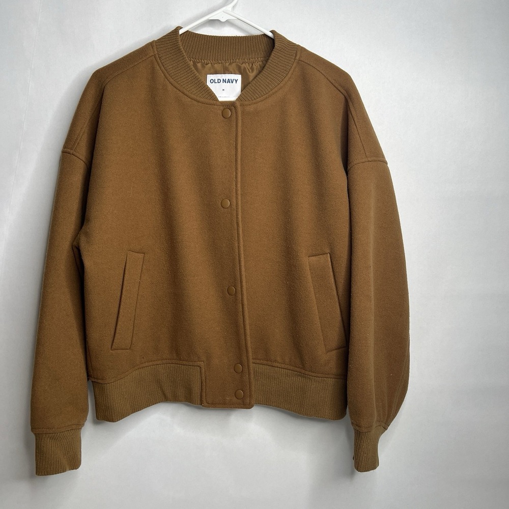 Old Navy Women's Brown Camel Letterman's Felt Jacket M Fall Pockets Snap Buttons